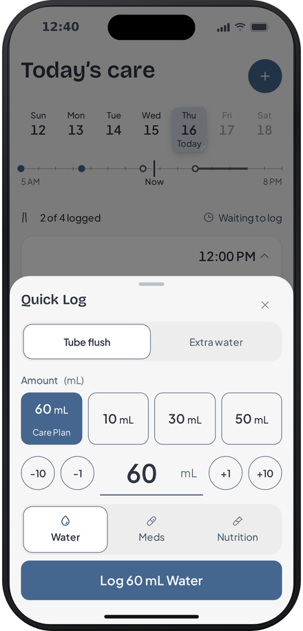 Tubular Quick Log sheet open over the home screen, ready to log a 60 mL tube flush