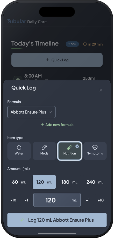 Tubular Quick Log sheet with water, meds, nutrition, and symptom logging over the home screen