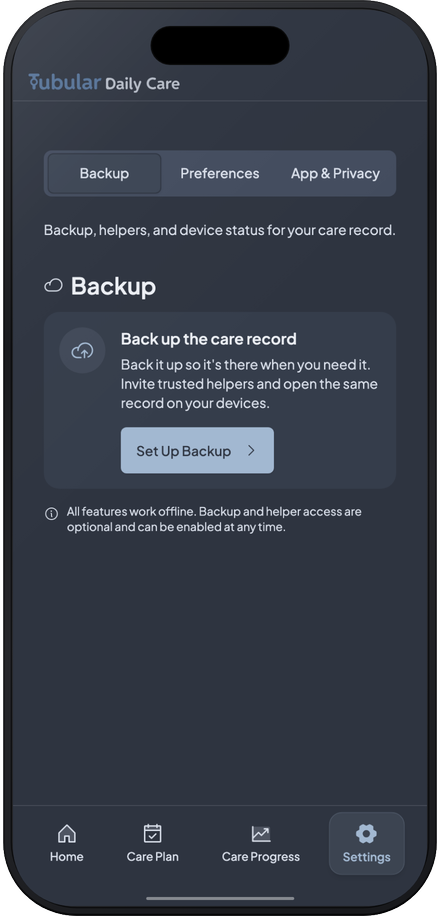 Tubular settings showing the care record backed up, synced, and shared with invited helpers