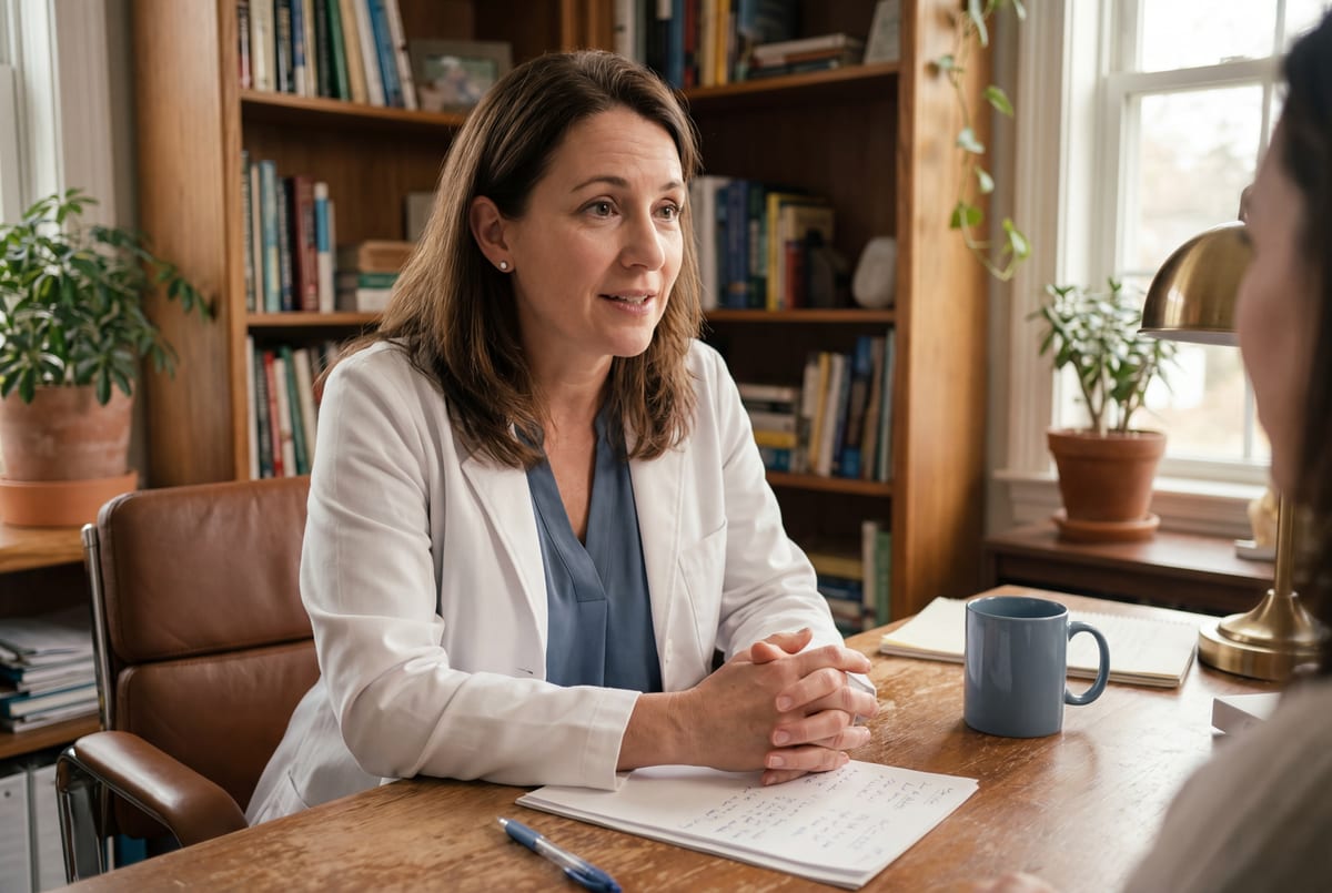Physician in a warm office consulting with a family about their child's care