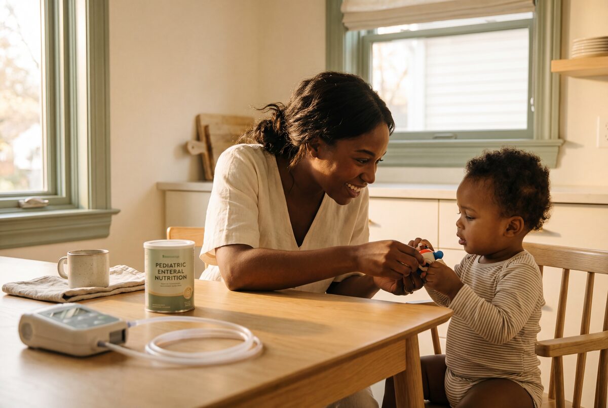 Mother and toddler at a kitchen table with enteral feeding supplies naturally present in the foreground
