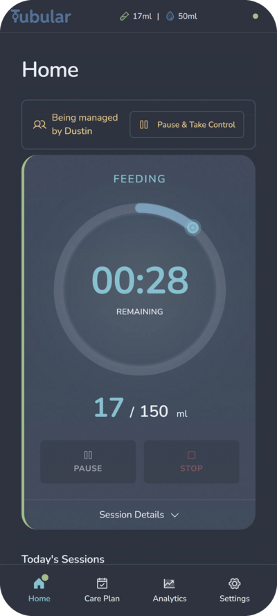 Tubular app showing an active feeding session with circular timer, rate tracking, and estimated completion